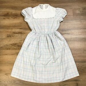 Vtg Easter Dress Girls Size 12 Short Sleeve Plaid Print Spring Pastel Colors